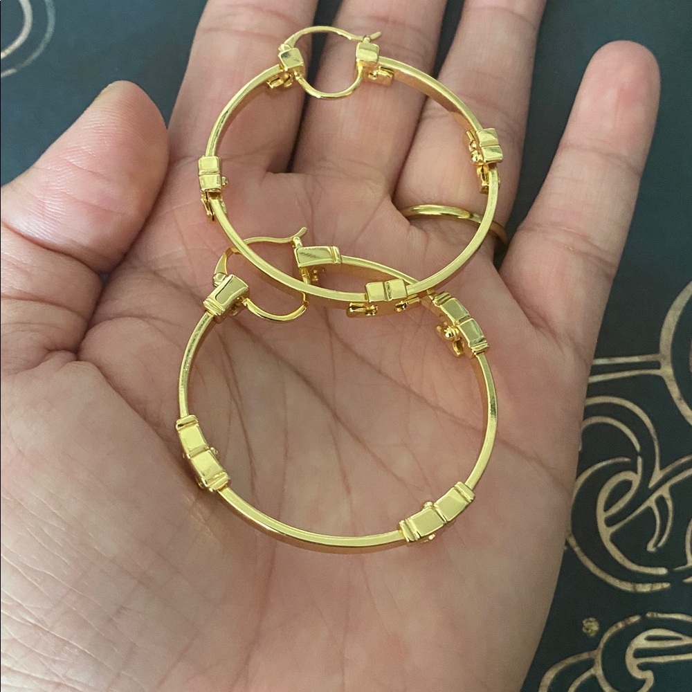 Gold Tone Hoop Earrings with Decorative Accents - Women Jewelry - Picture 3 of 3